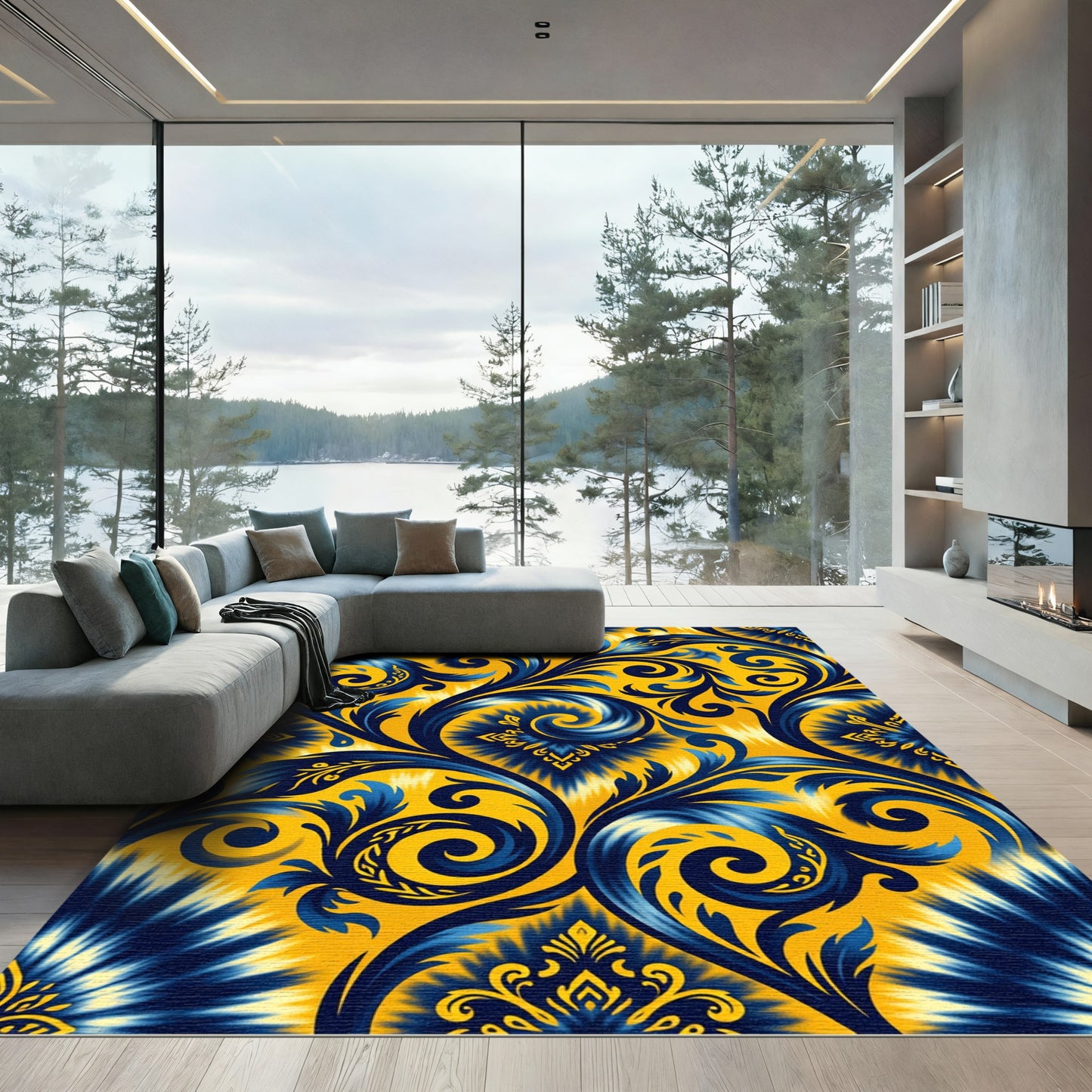 Vibrant Navy Blue Swirl Floral Rug