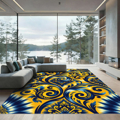 Vibrant Navy Blue Swirl Floral Rug