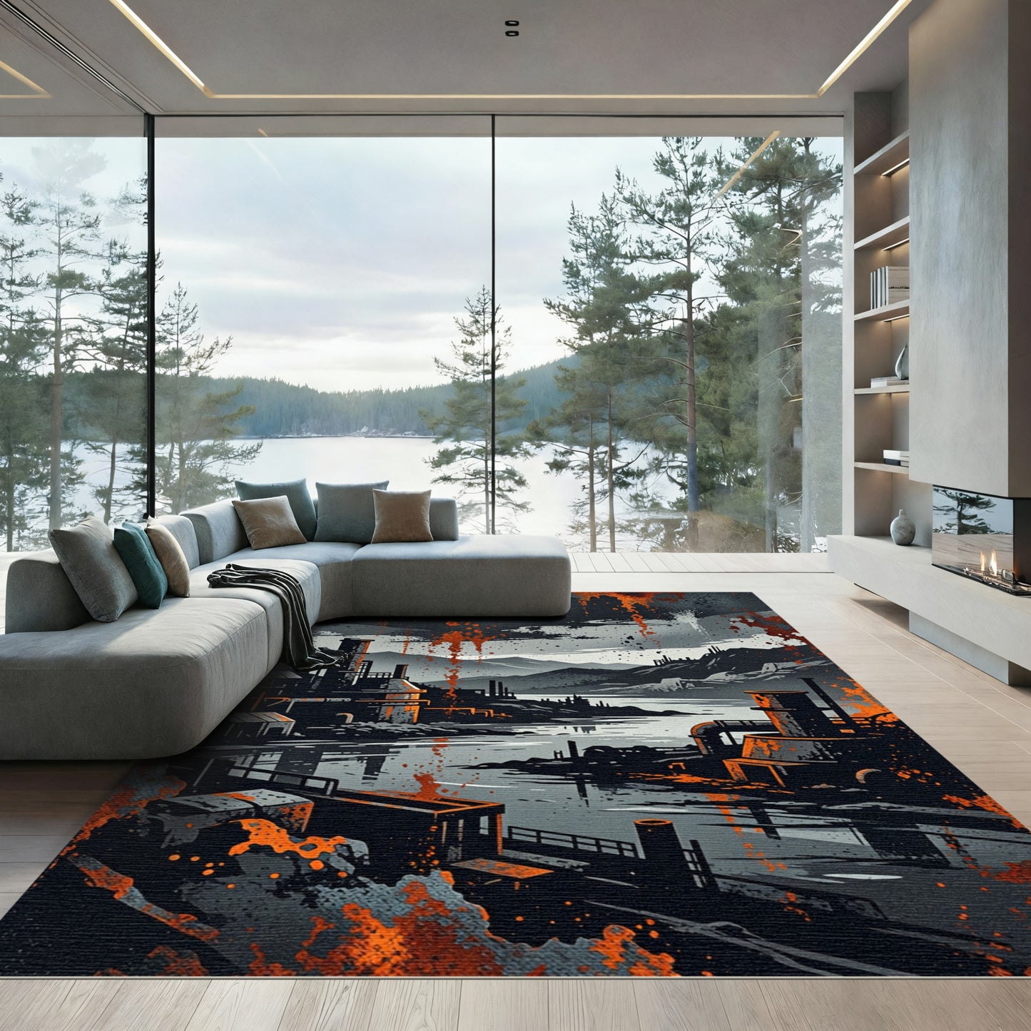 Industrial Grunge Abstract Charcoal and Orange Landscape Rug