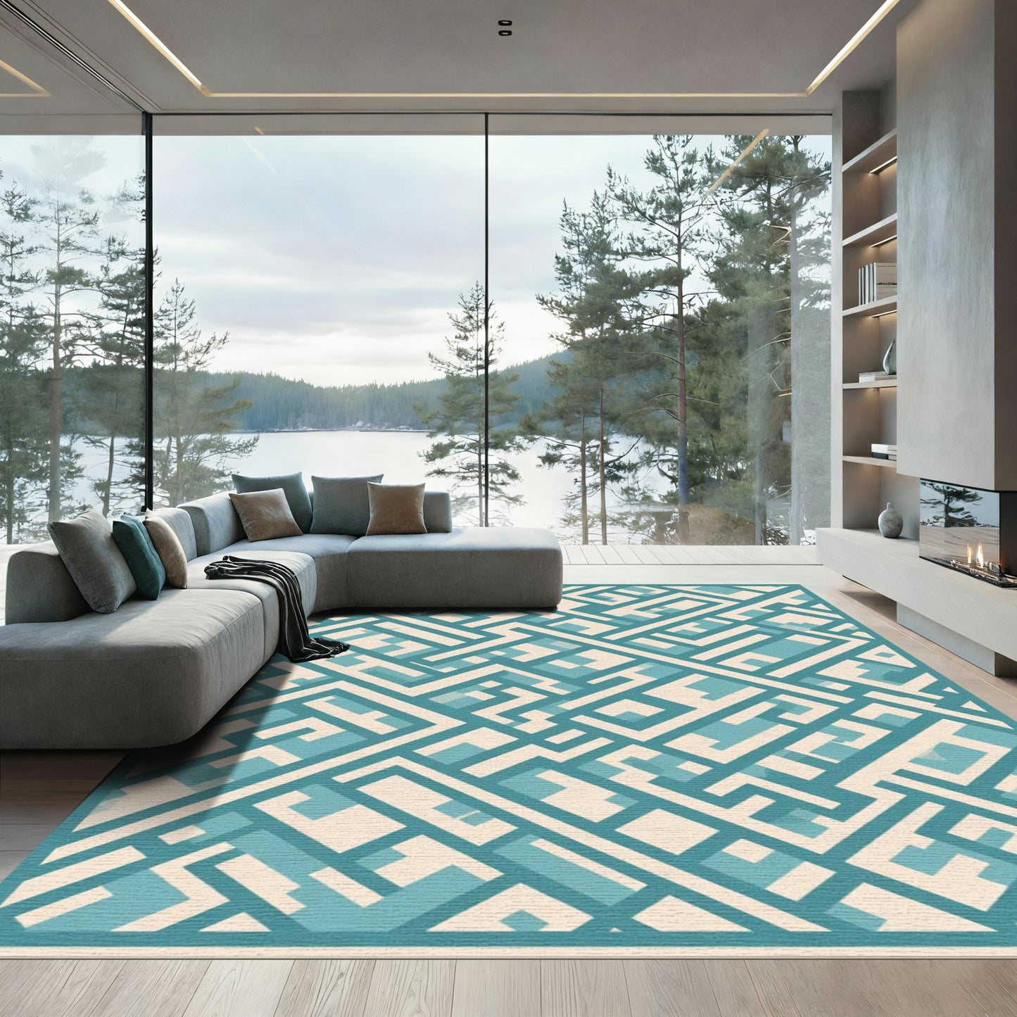 Teal White Geometric Interlocking Labyrinth Rug