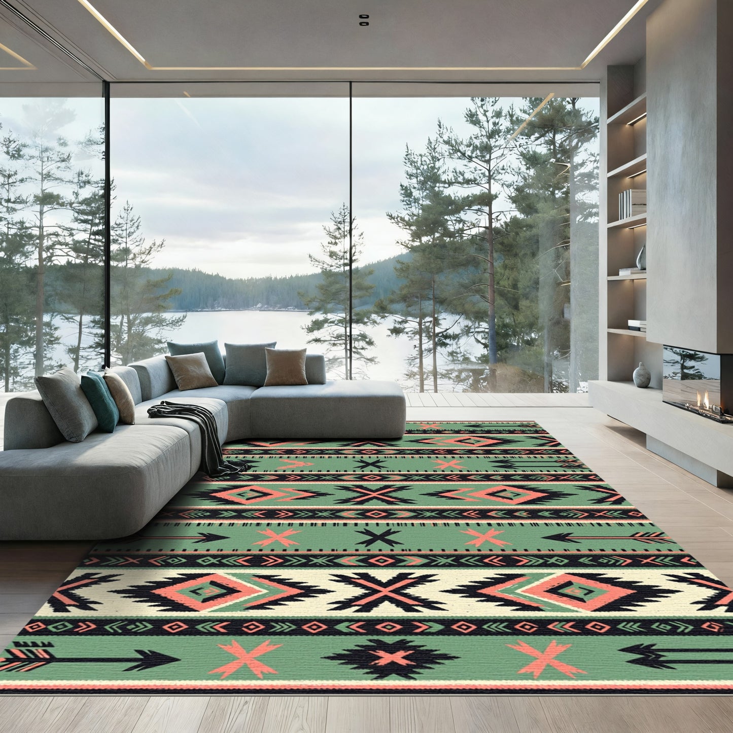 Sage Coral Geometric Striped Arrow Rug