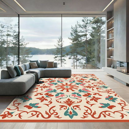 Coral Teal Floral Scroll Medallion Rug