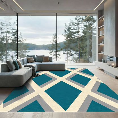 Teal, Cream and Gray Geometric Diamonds Rug