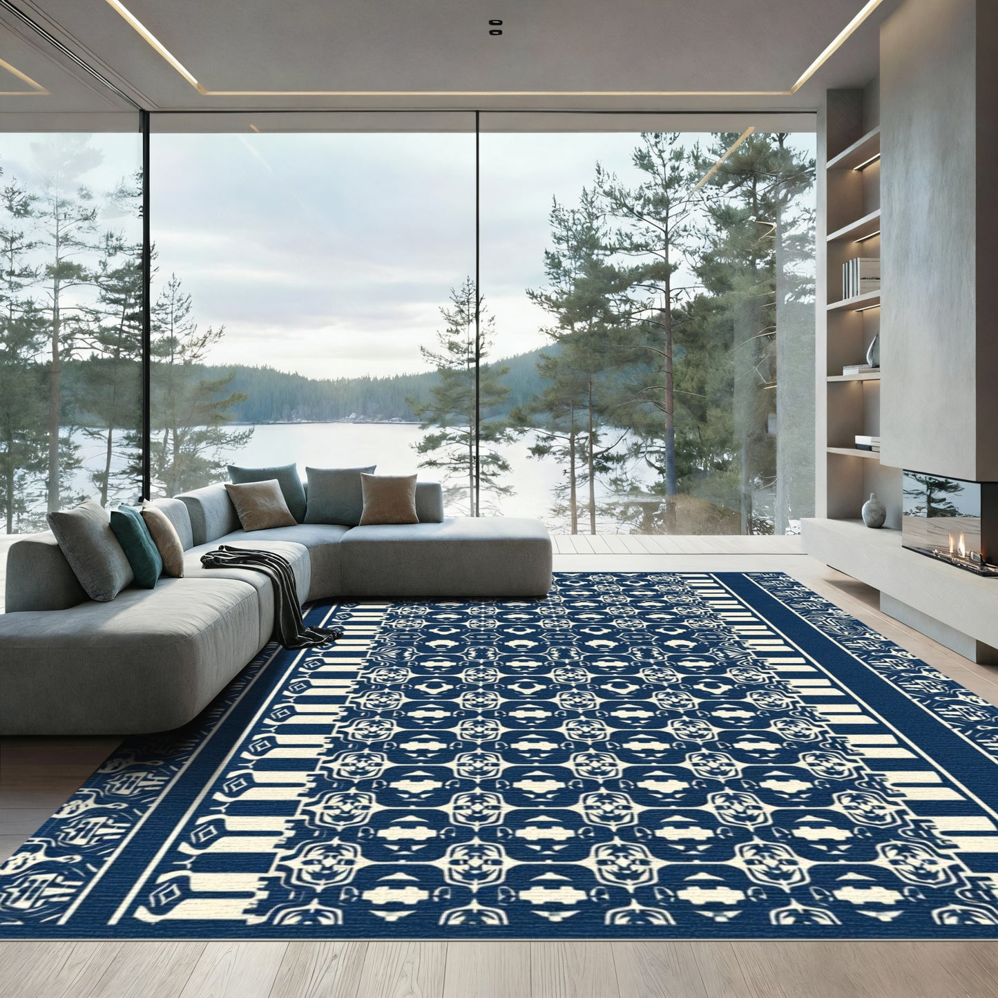 Deep Blue Cream Geometric Stripes Rug