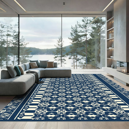 Deep Blue Cream Geometric Stripes Rug