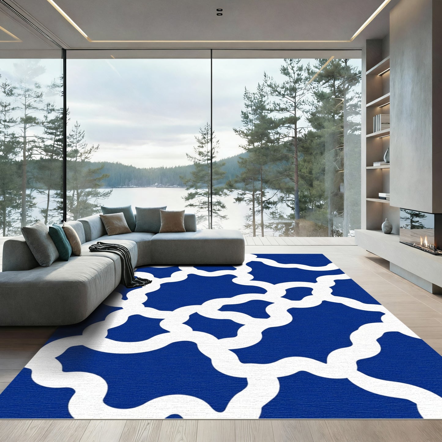 Deep Blue Interlocking Organic Waves Rug