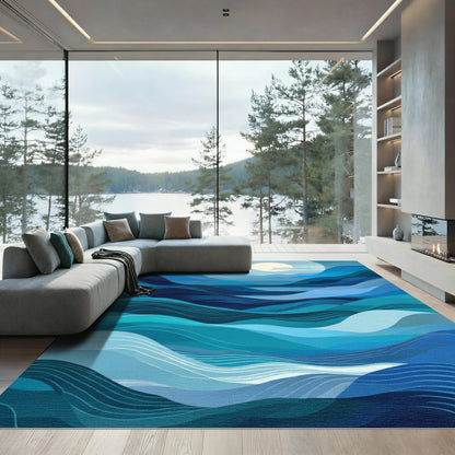 Deep Blue Abstract Wavy Landscape Rug