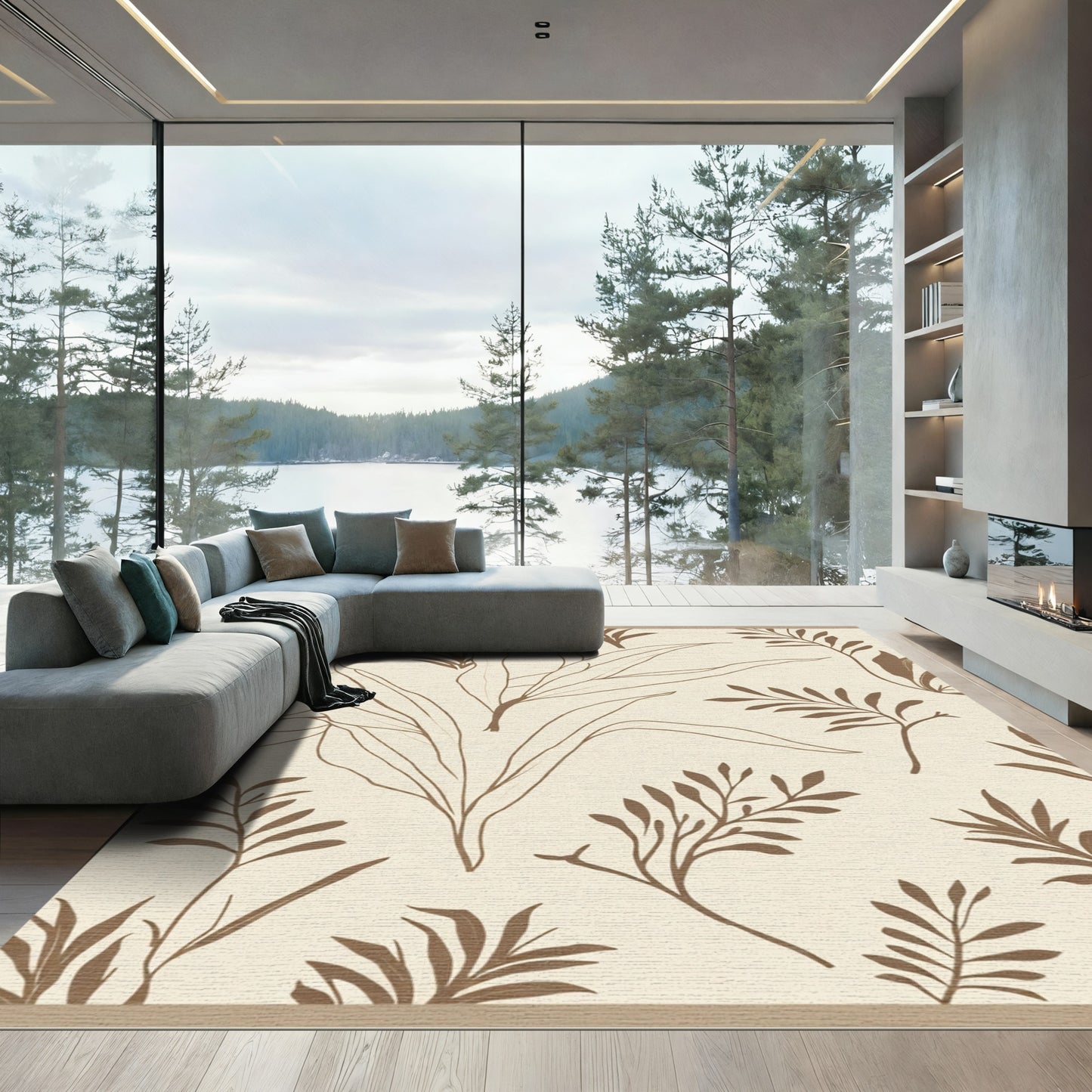 Neutral Tone Botanical Leaf Sketch Rug