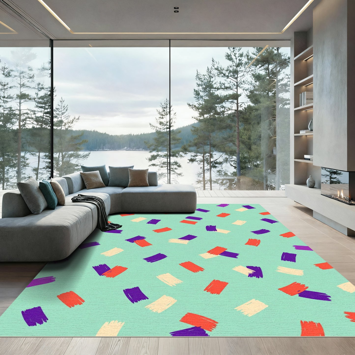 Playful Orange Purple Cream Strokes Rug