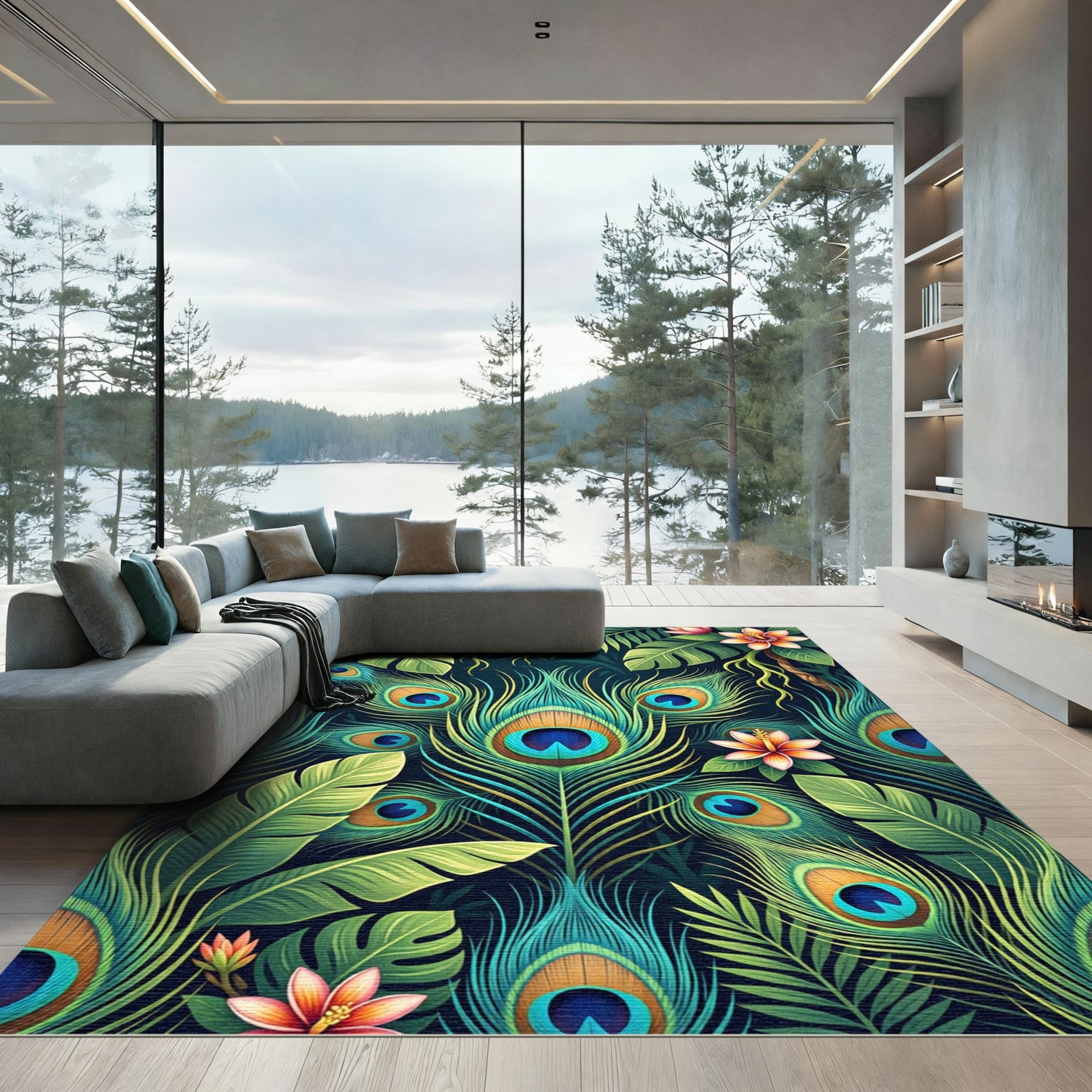 Tropical Peacock Feather Floral Botanical Rug