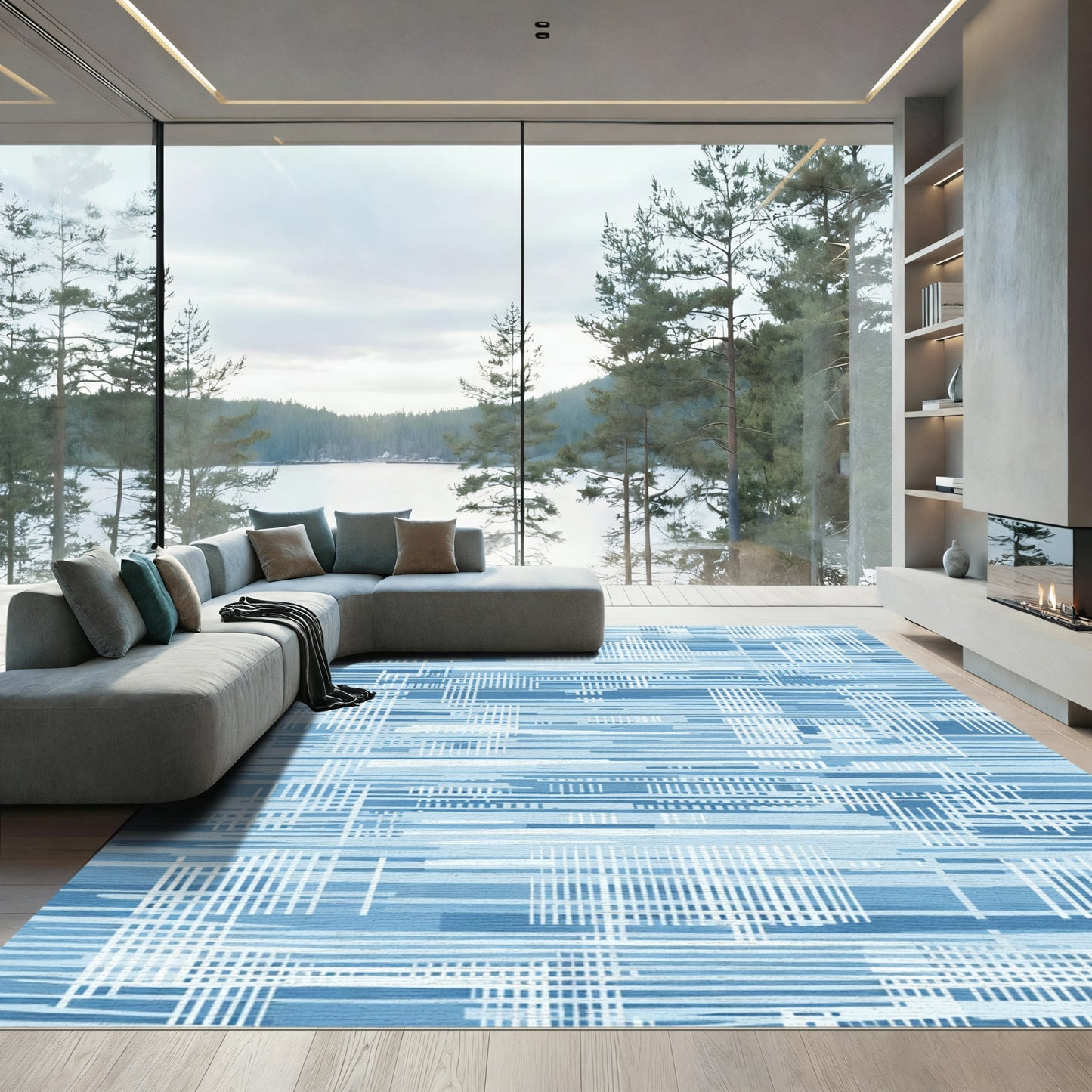 Sky Blue Abstract Woven Lines Rug