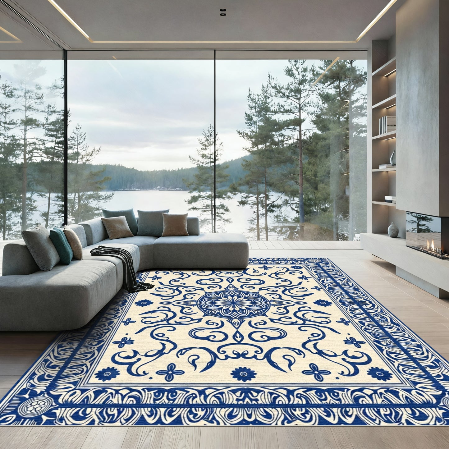 Classic Blue Floral Medallion Scroll Rug