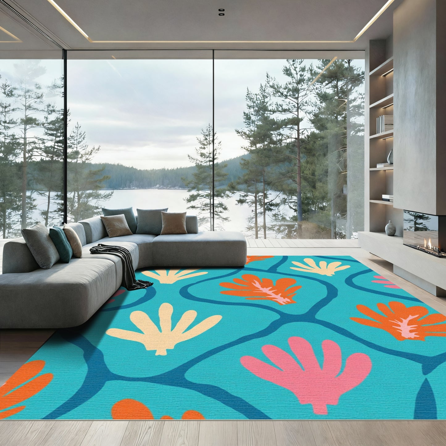 Bright Coral Leaf Medallion Rug