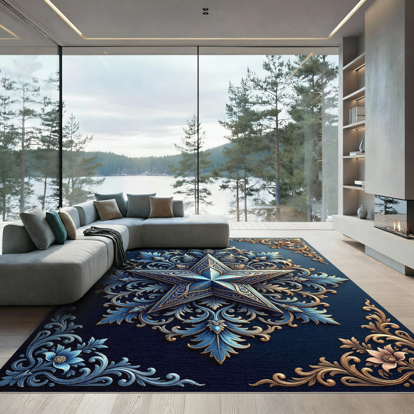Ornate Blue and Gold Star Medallion Rug
