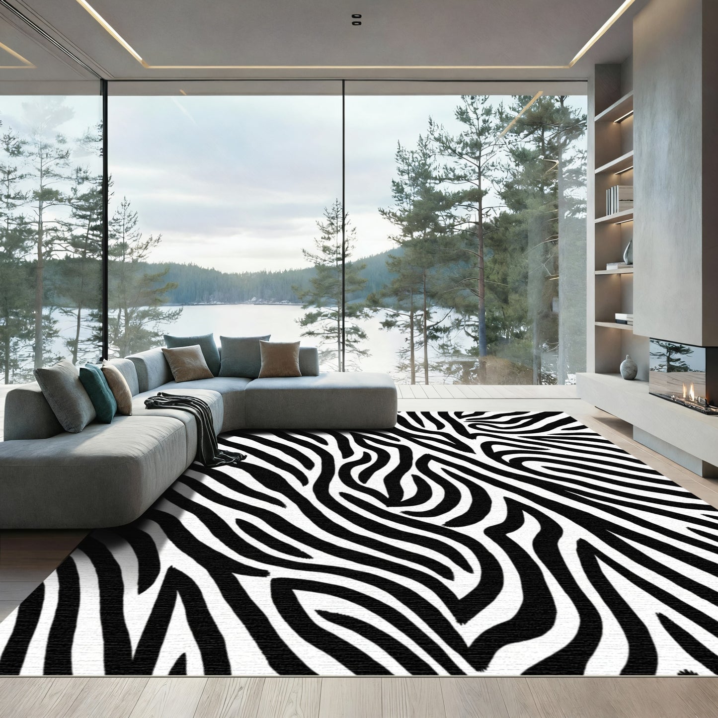 Abstract Black White Curve Lines Rug