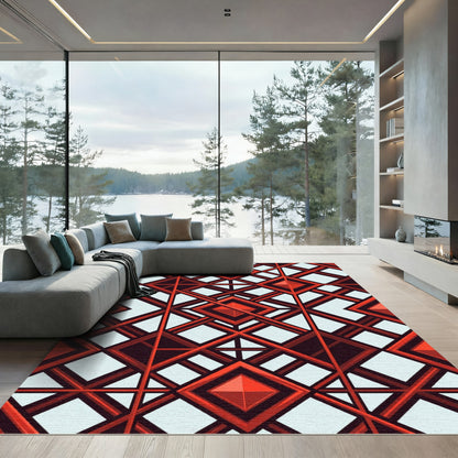 Bold Geometric Crimson Diamond Grid Rug