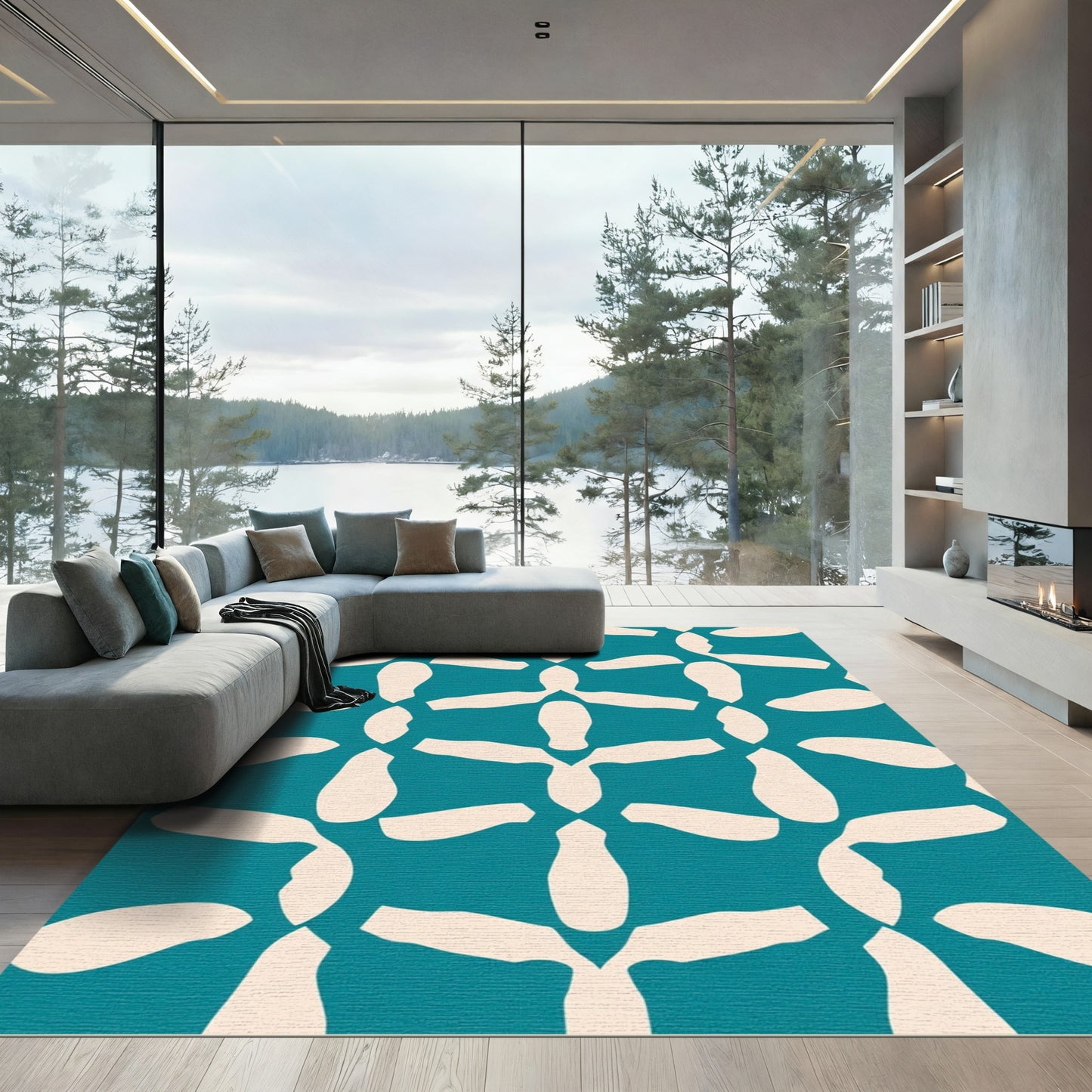 Teal and Cream Abstract Lattice Rug
