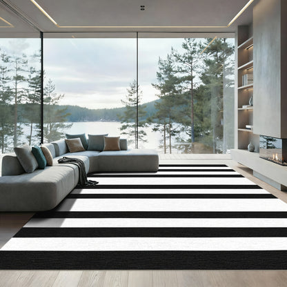 Wide Black White Horizontal Bands Rug