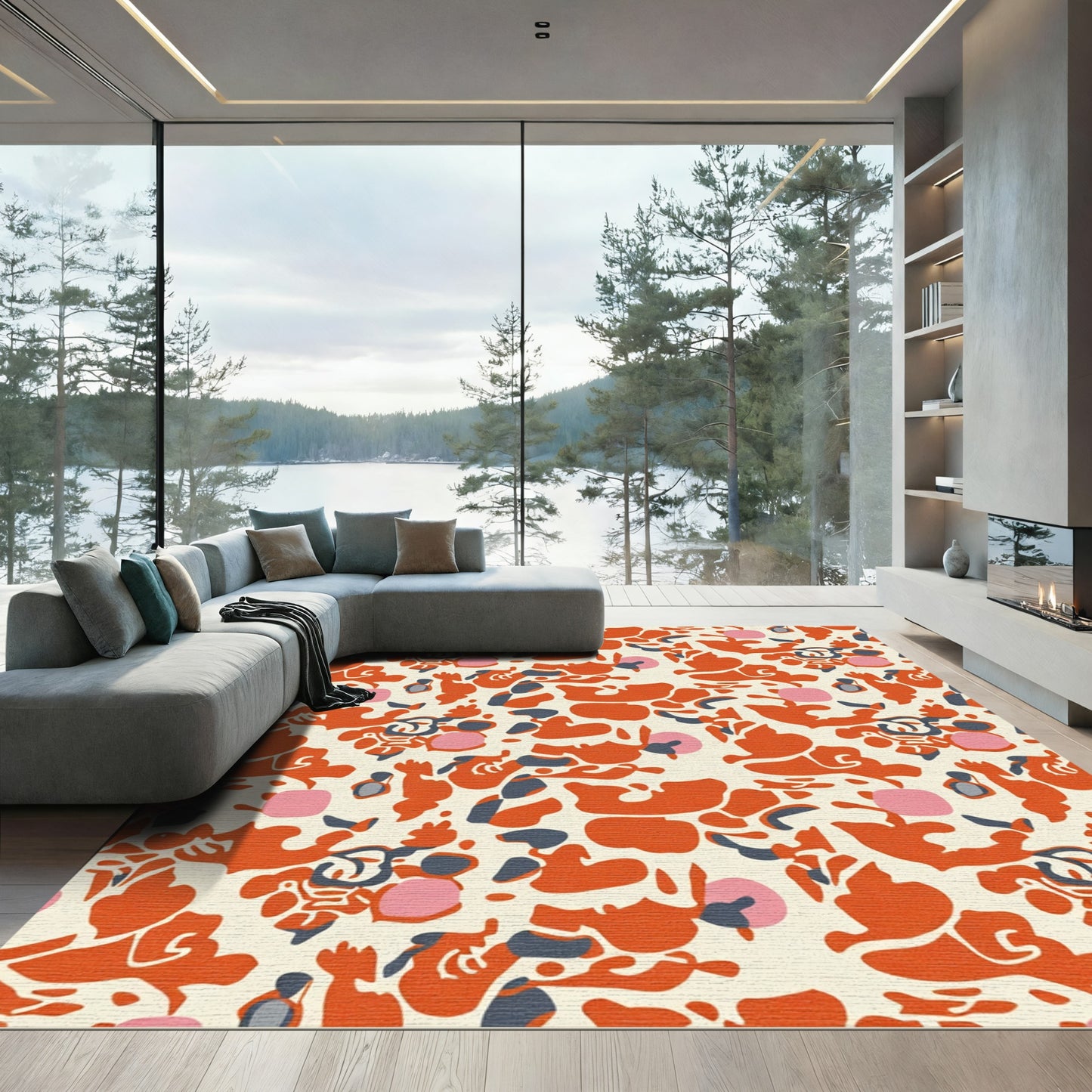 Vibrant Orange Abstract Organic Shapes Rug