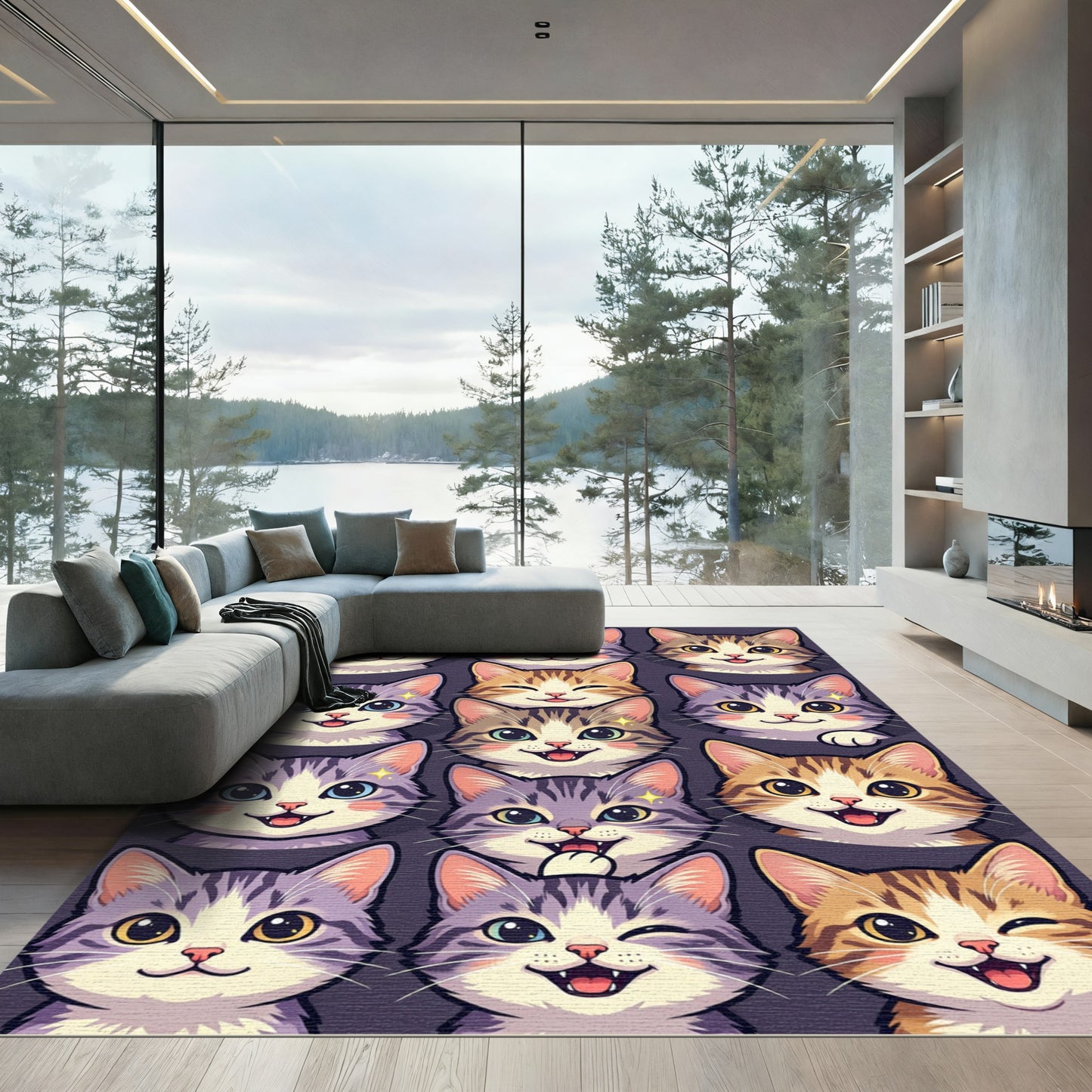 Adorable Illustrative Feline Grid Mosaic Rug