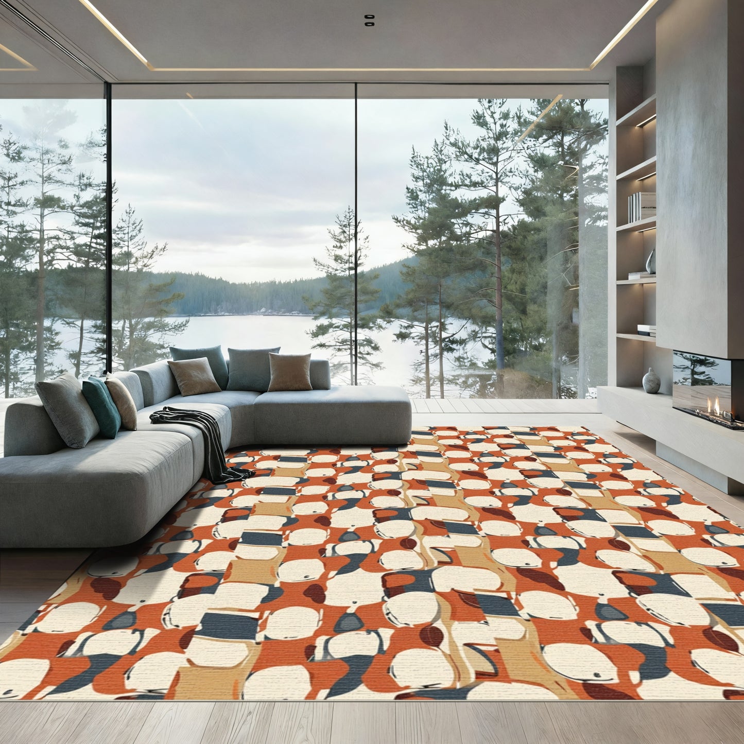 Terracotta Cream Blue Abstract Shapes Rug