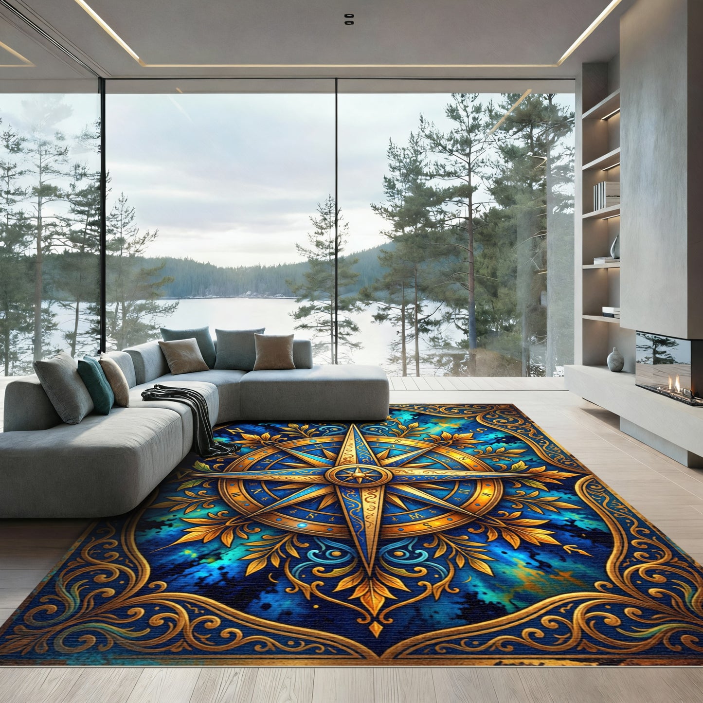 Antique Blue Golden Compass Rose Rug