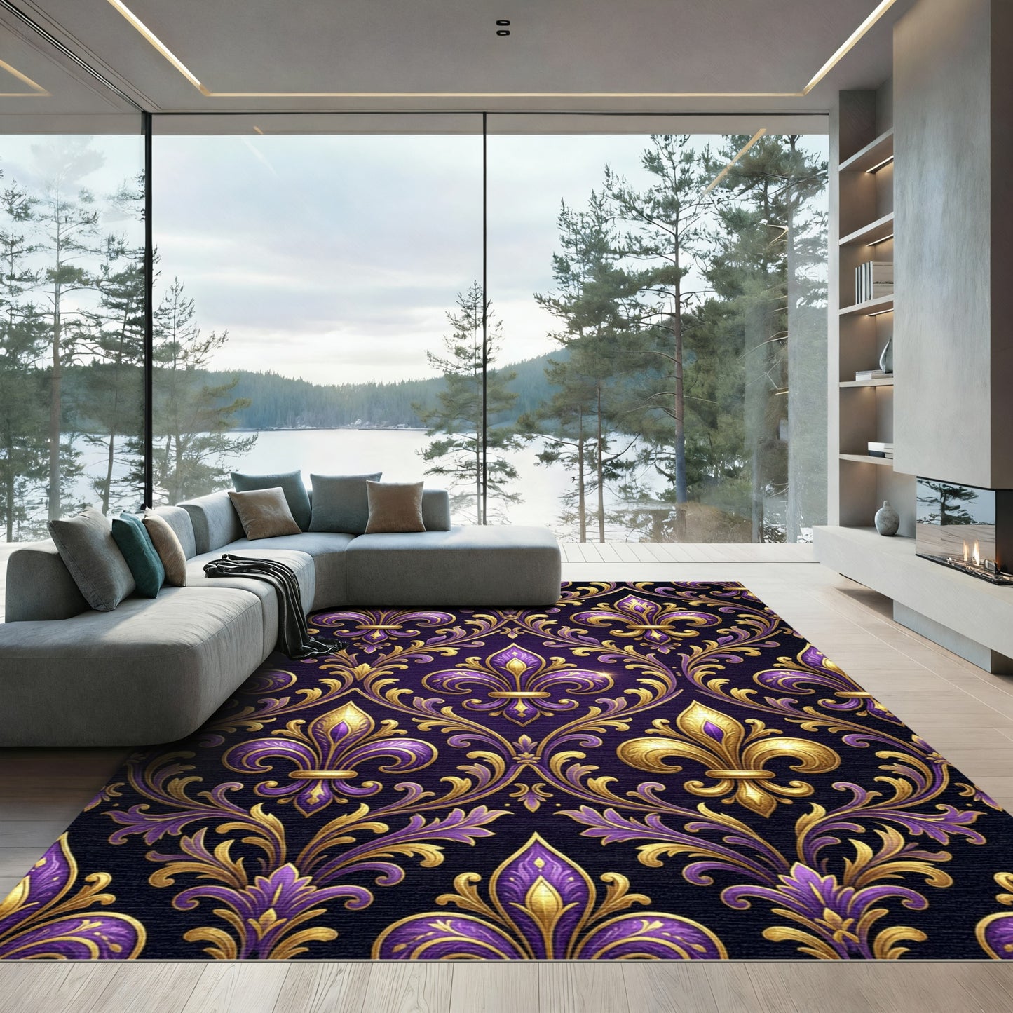 Royal Purple and Gold Fleur-de-lis Rug