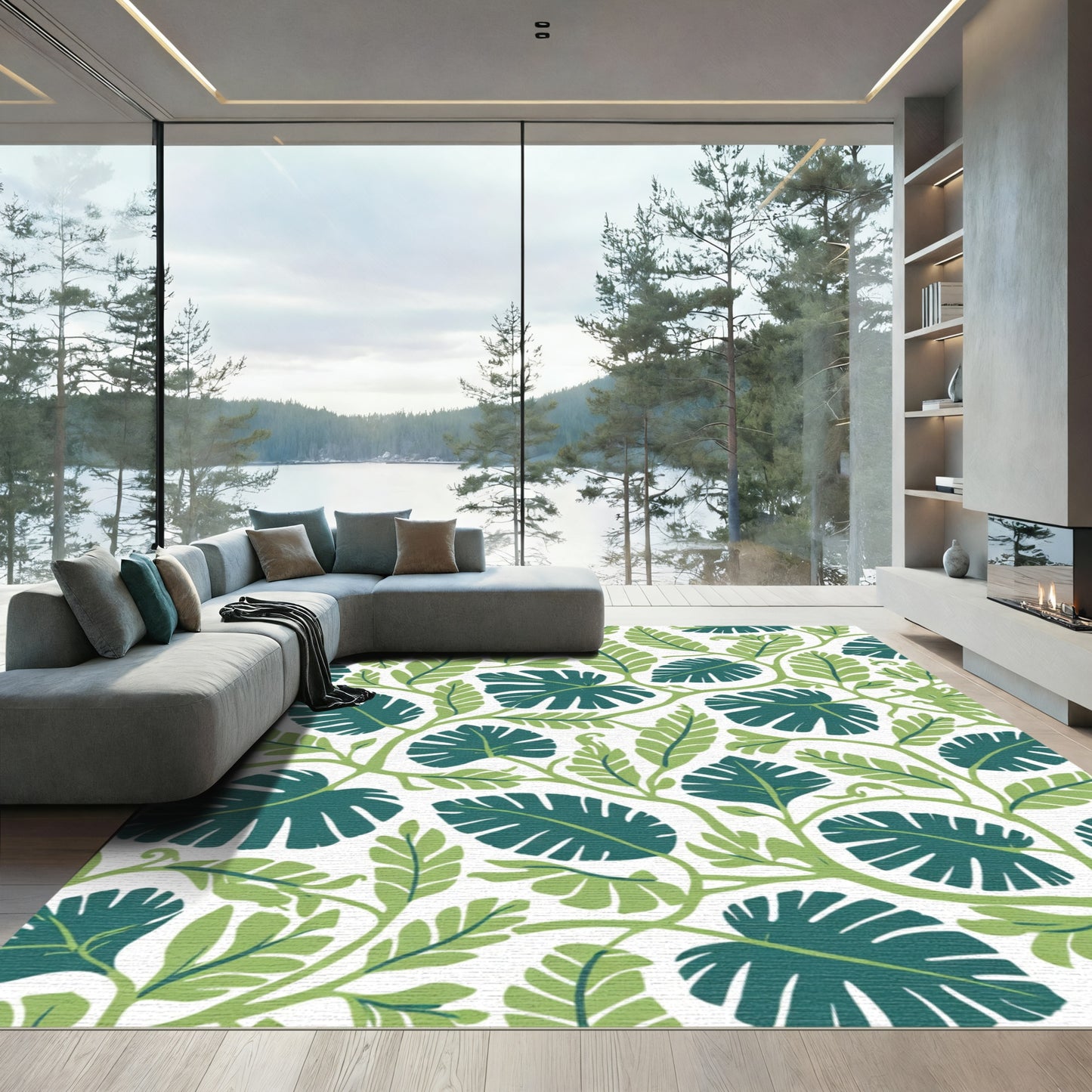 Deep Teal Green Leafy Vine Garland Rug