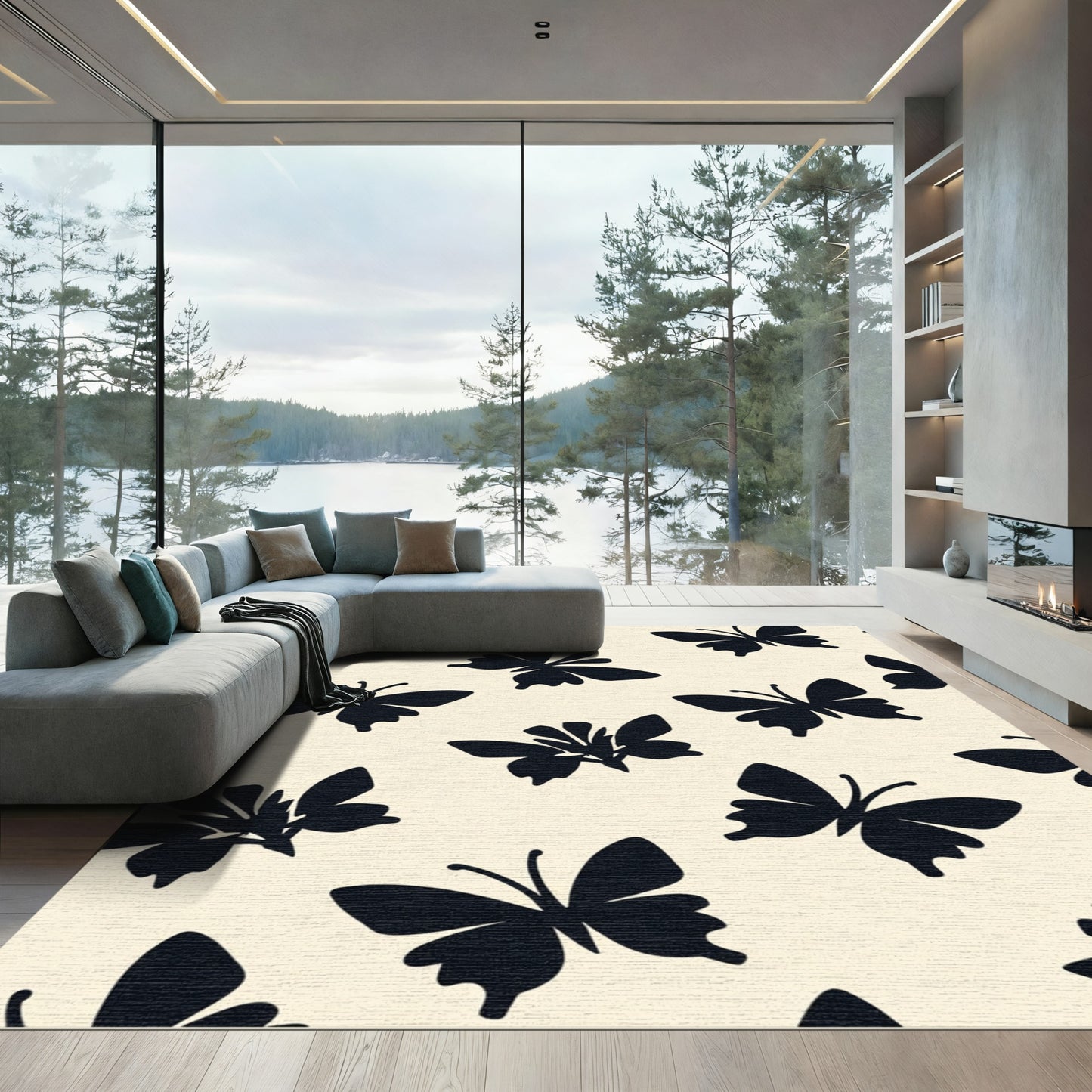 Whimsical Black Butterfly Cream Pattern Rug