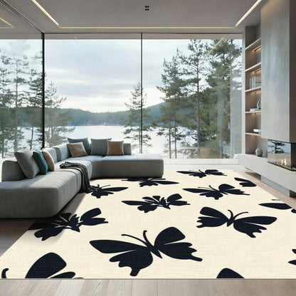 Whimsical Black Butterfly Cream Pattern Rug