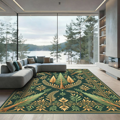 Deep Green Golden Tree Foliage Frame Rug