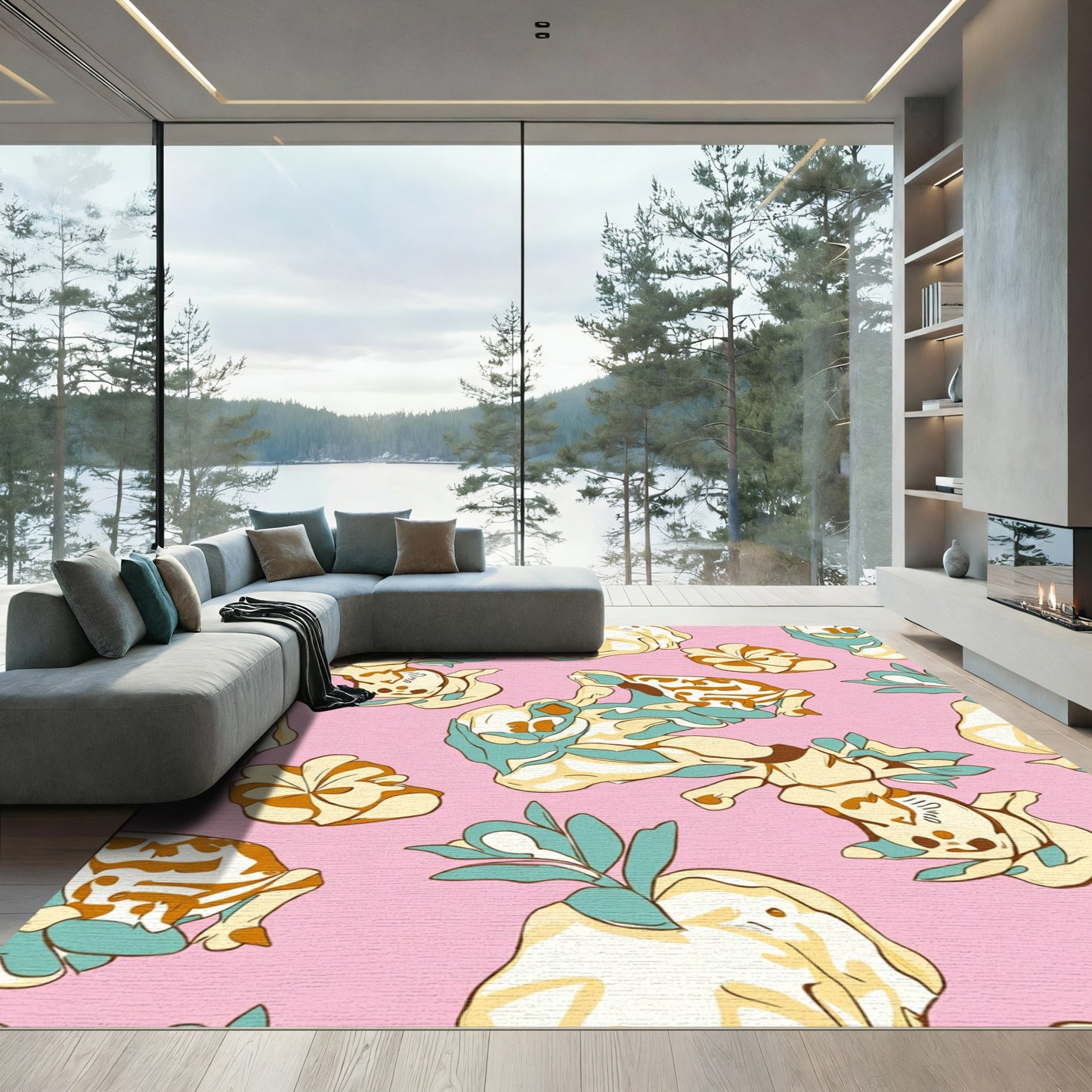 Whimsical Cream Blue Floral Forms Rug