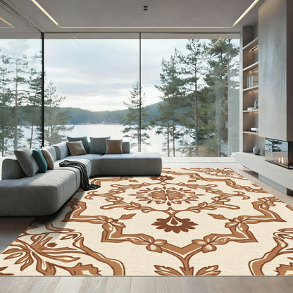 Brown Cream Floral Medallion Damask Rug