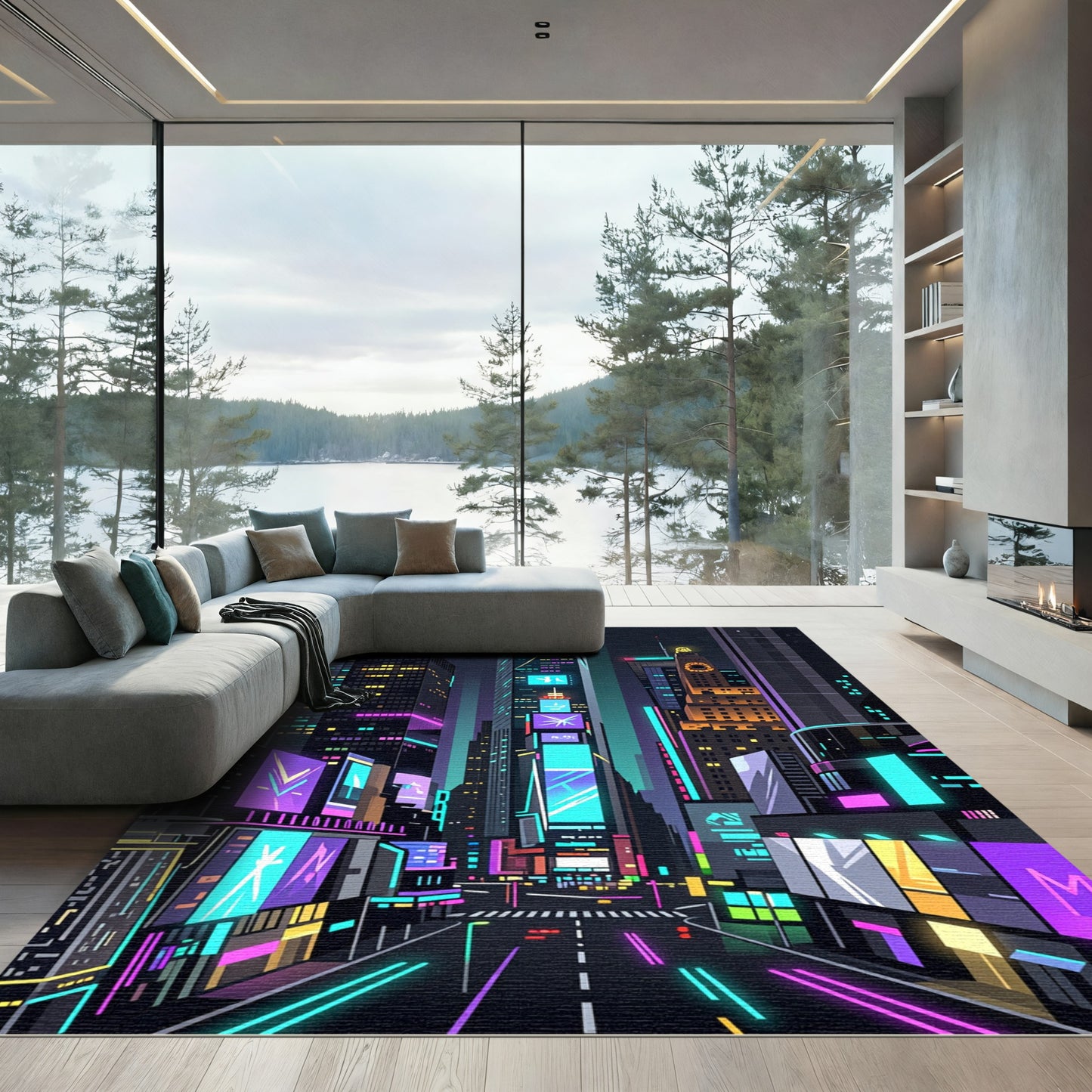 Neon Cyberpunk Cityscape Urban Grid Rug