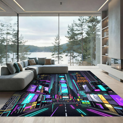 Neon Cyberpunk Cityscape Urban Grid Rug