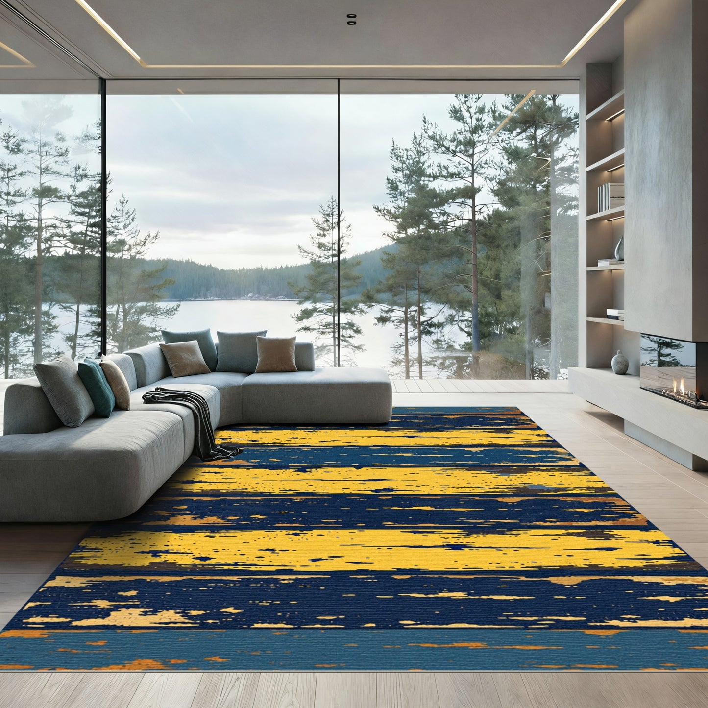 Distressed Navy and Yellow Striped Rug