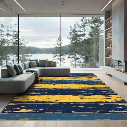 Distressed Navy and Yellow Striped Rug