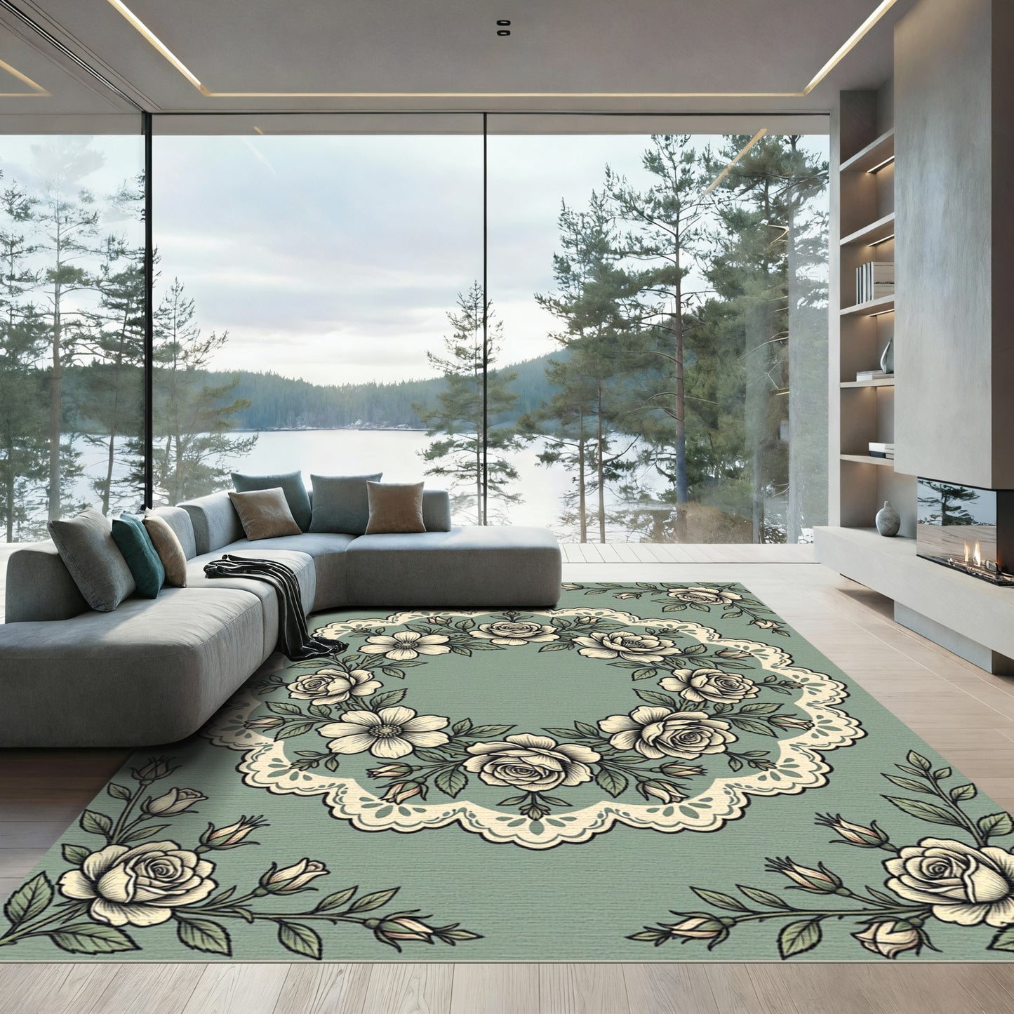 Sage Green Vintage Lace Rose Wreath Rug