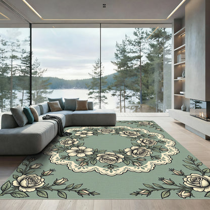 Sage Green Vintage Lace Rose Wreath Rug