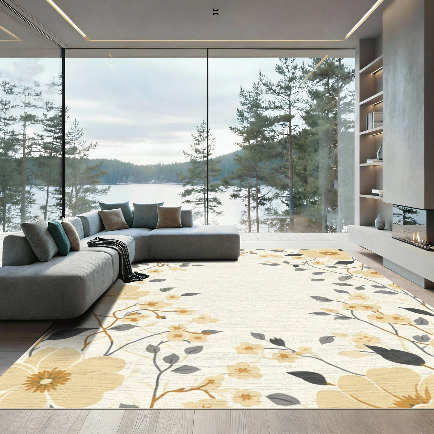 Golden Cream Floral Branch Arrangement Rug
