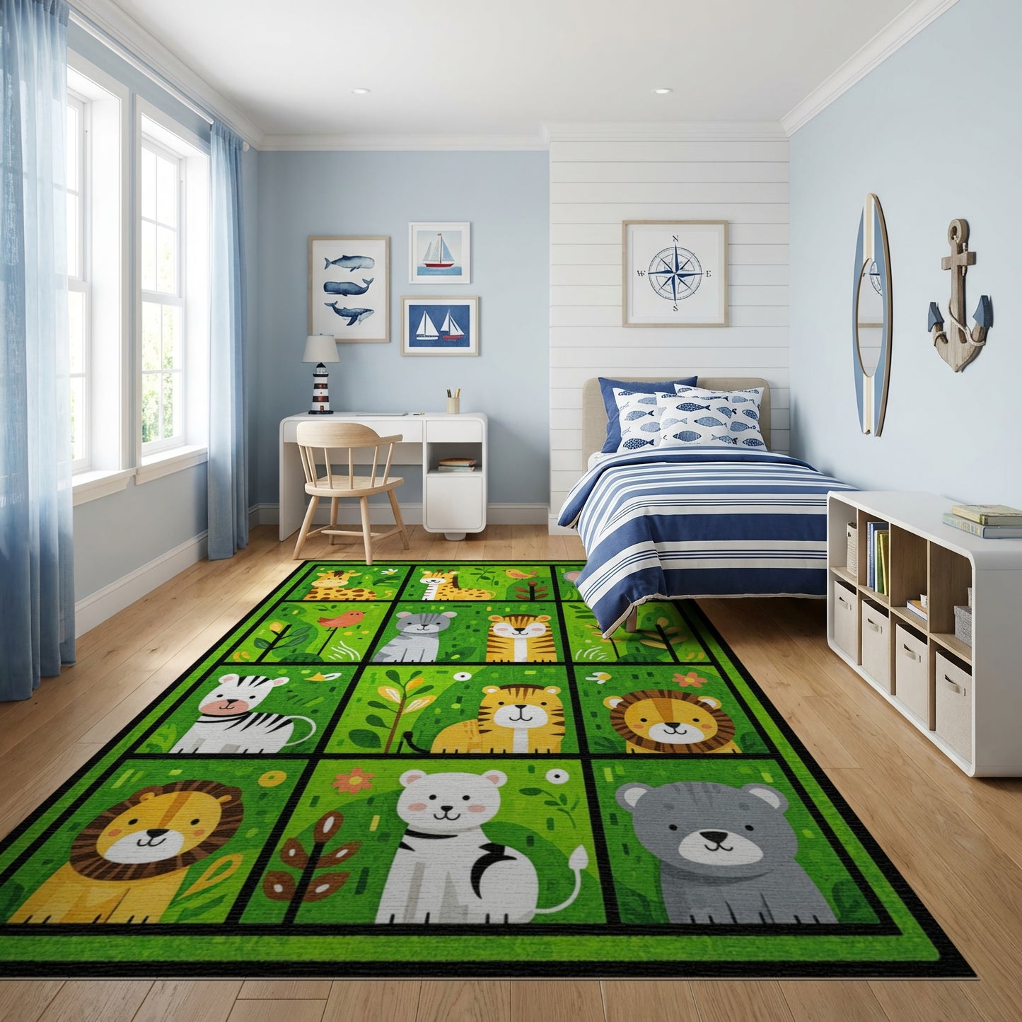Playful Green Cartoon Jungle Animals Rug