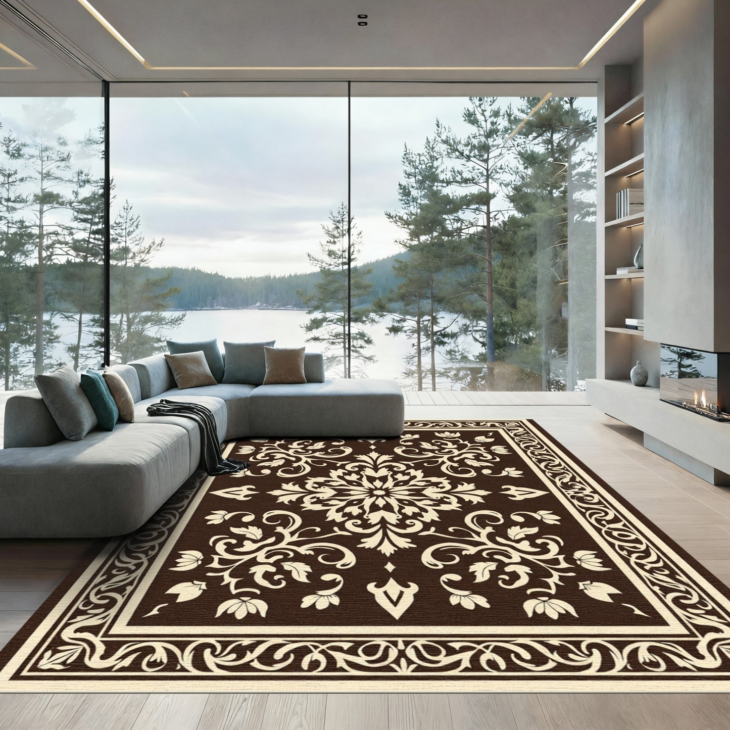 Rich Brown Cream Acanthus Floral Rug