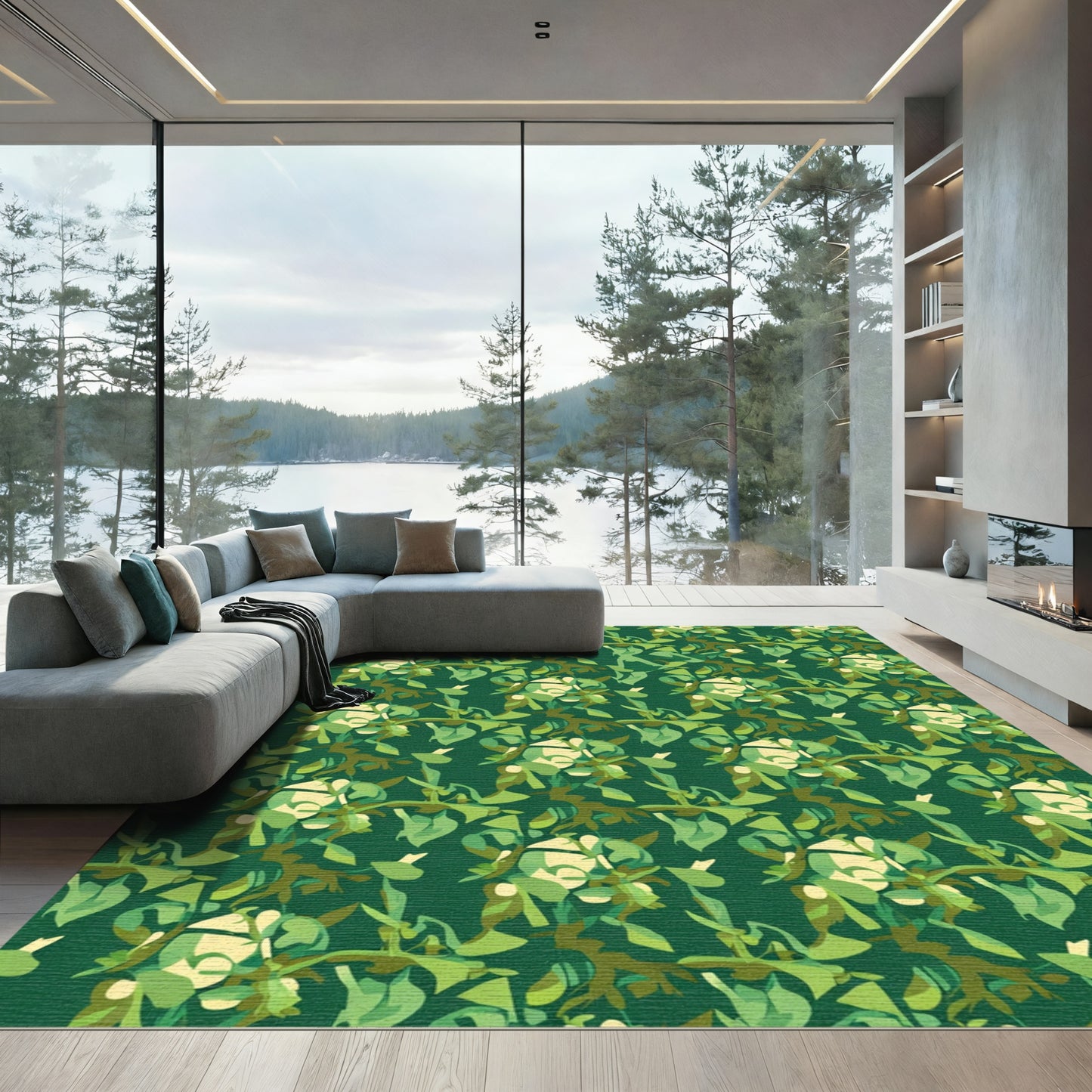 Deep Forest Green Leafy Branch Rug