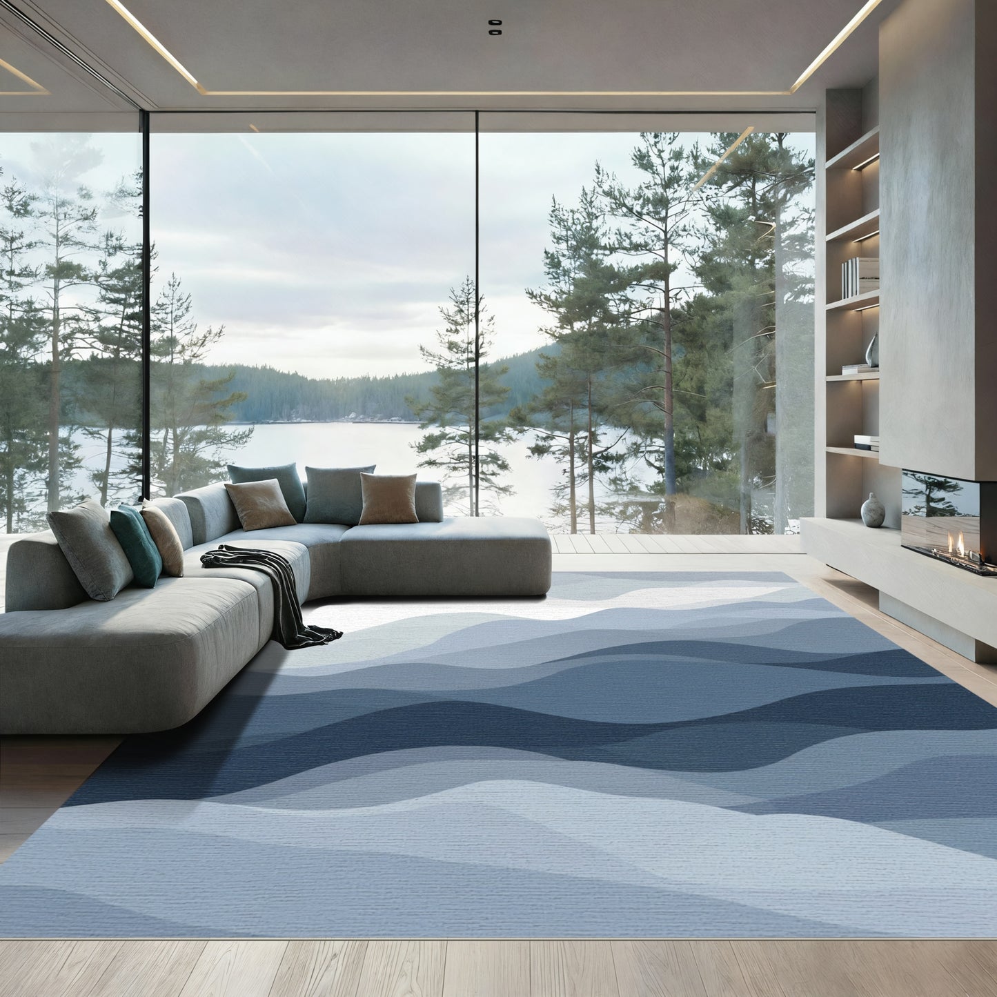 Deep Blue Wavy Layered Landscape Rug