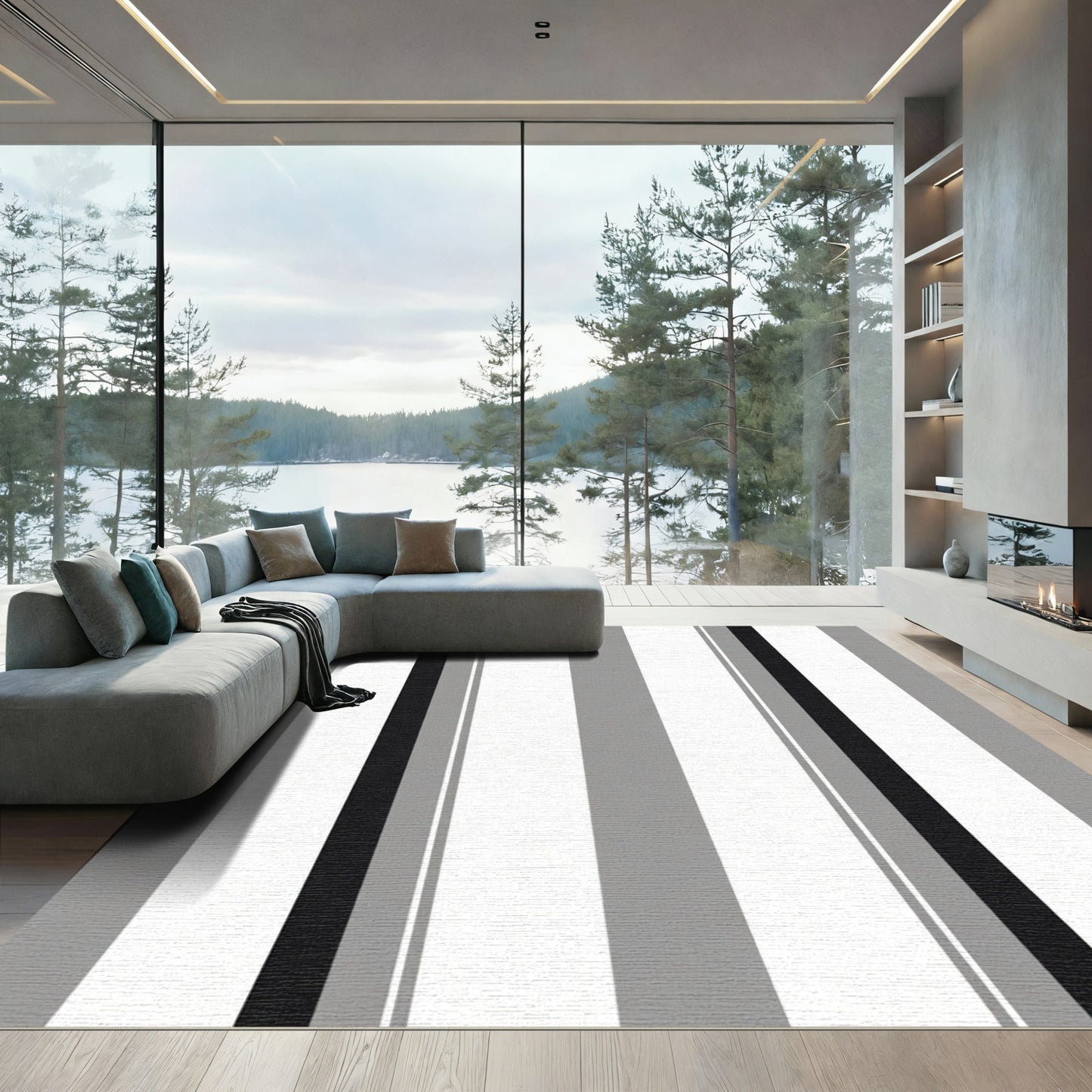 Modern Gray White Black Stripe Rug