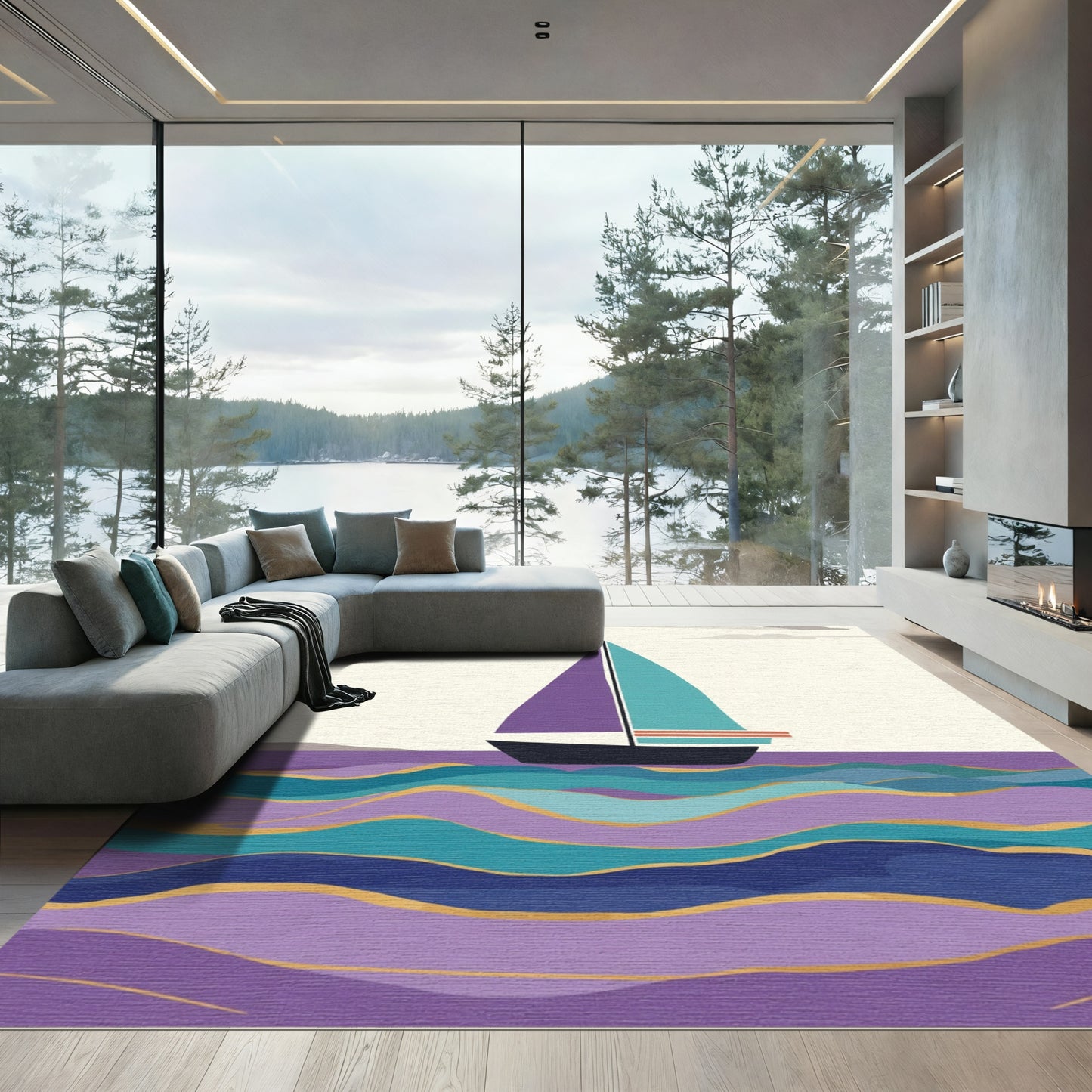 Purple Teal Sailboat Ocean Waves Rug