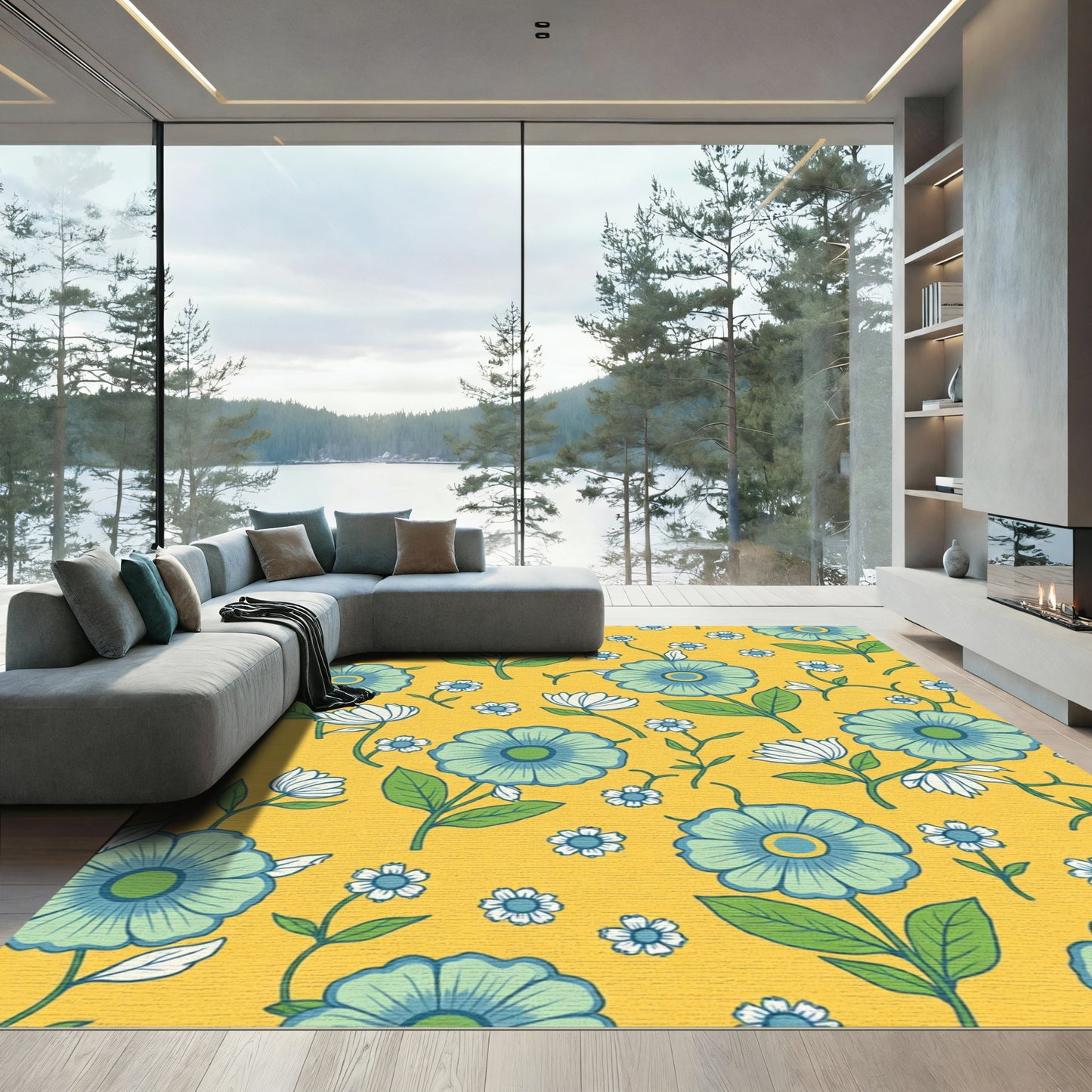 Retro Blue Green Flower Garden Rug