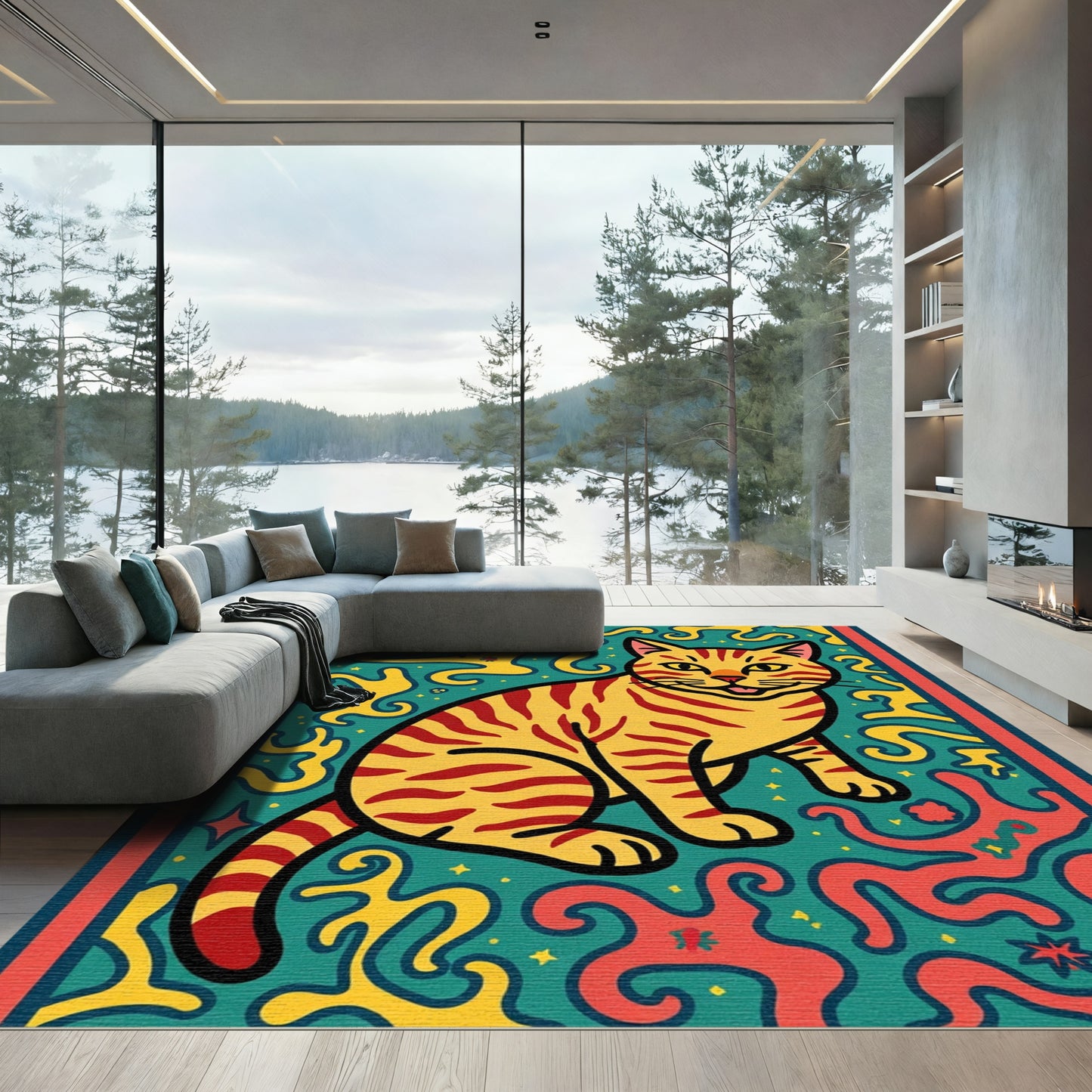 Retro Orange Tiger Cat Swirls Rug