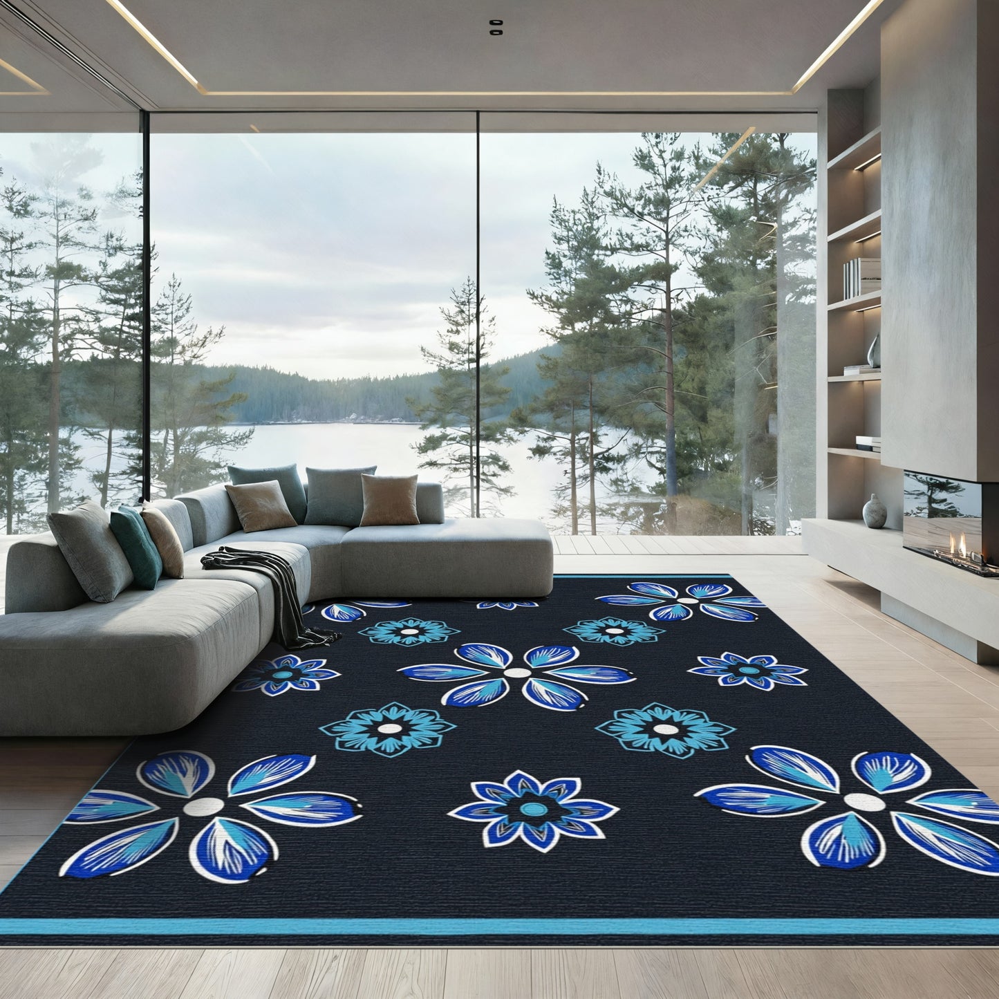 Navy Blue White Blue Floral Cluster Rug