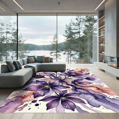 Watercolor Purple Floral Abstract Art Rug